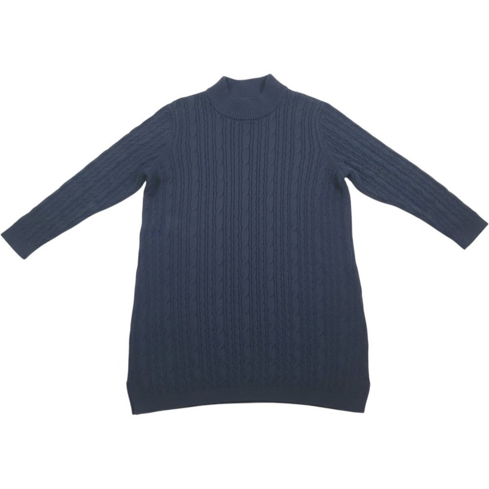 Lands End Japan XL Cable Knit Mock Neck Sweater Navy Blue Cotton 100%